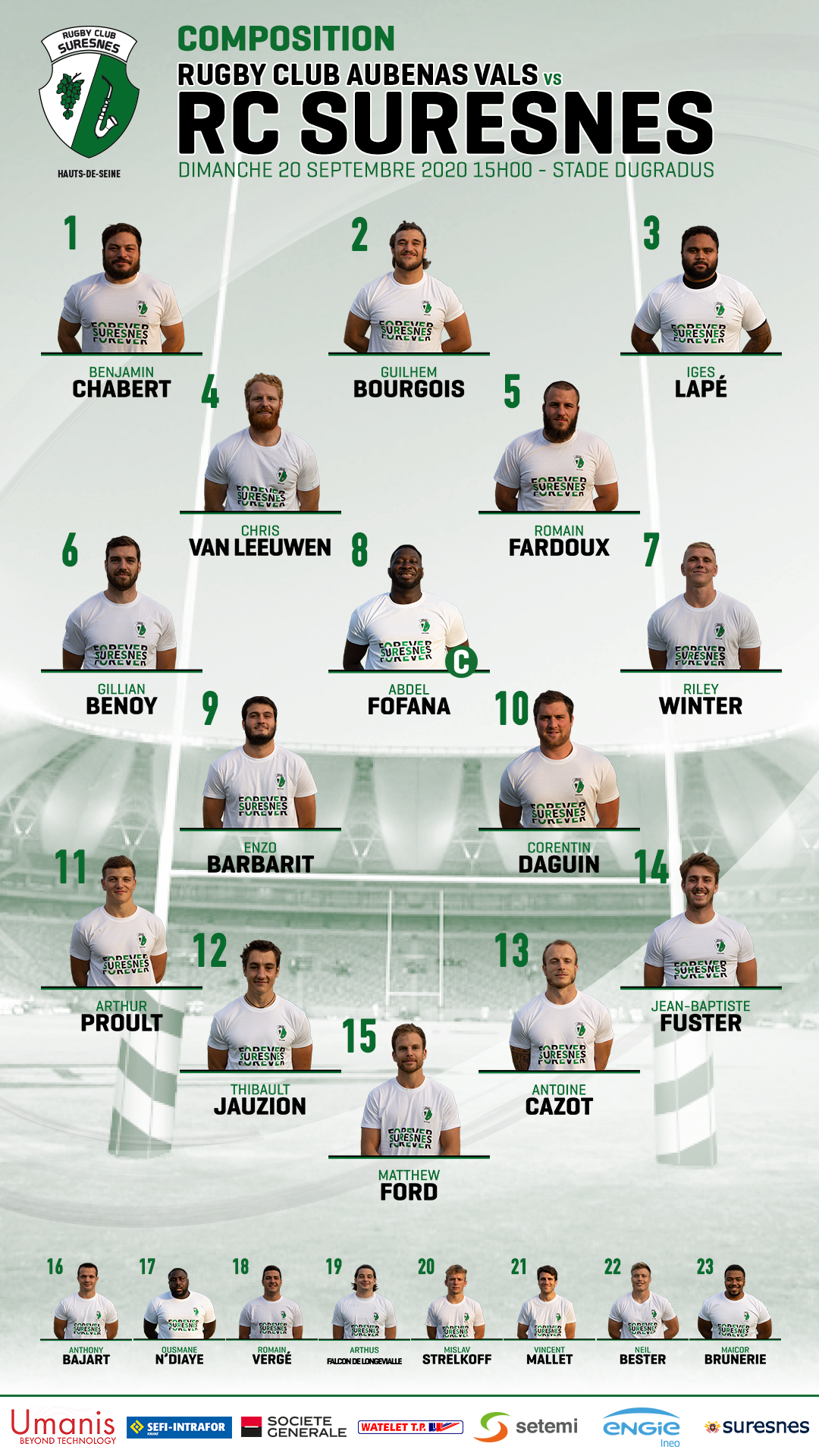 Voici la composition du Rugby Club Suresnes Hauts-de-Seine contre le RC Aubenas Vals pour le match de dimanche 20/09 à 15h00. Notre équipe espoirs jouera en lever de rideau à 13h30.