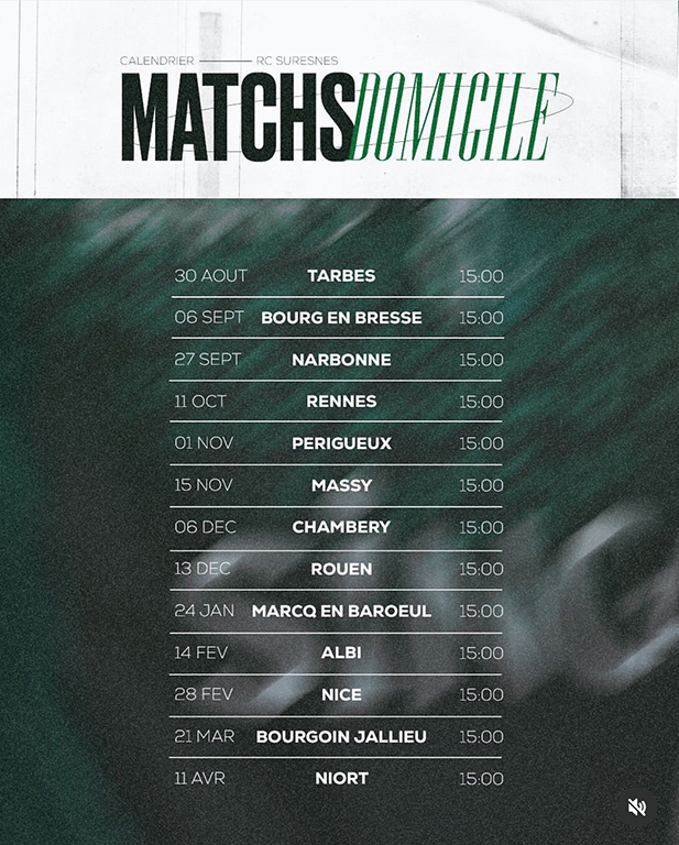 Calendrier des matchs à domicile du Rugby Club Suresnes, évoluant en championnat Nationale, saison 2025-2026