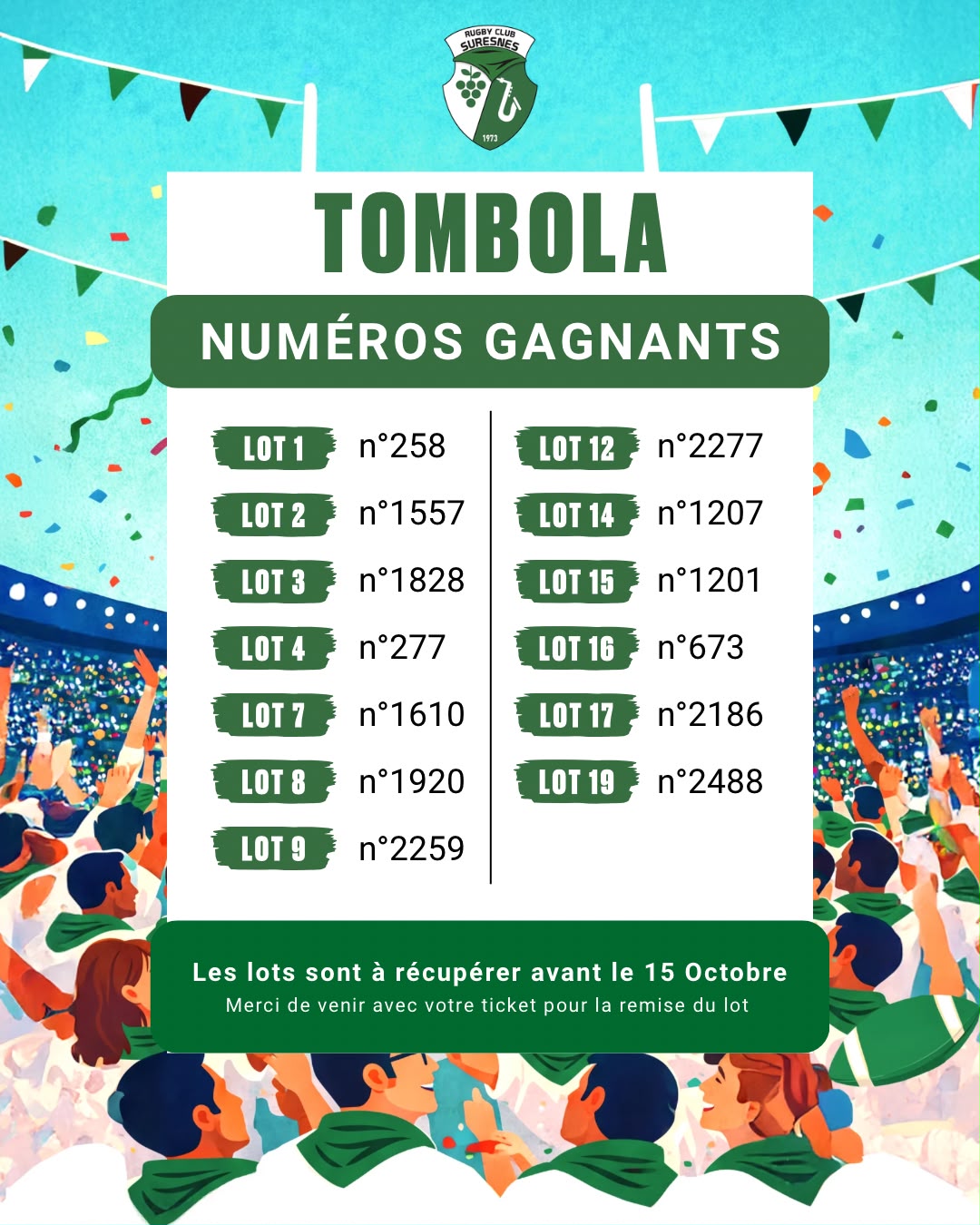 Tombola RC Suresnes - numéros gagnants